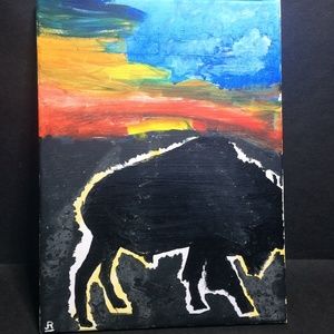 Contemporary Art Bison at Sunset, Striking Acrylic Painting